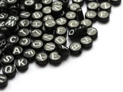 200 perles rondes en plastique - lettres alphabet - noir et blanc - 7 mm
