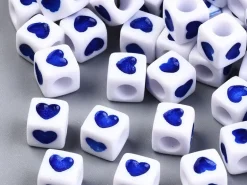 20 perles en plastique cubes symbole coeur - bleu - 7 mm