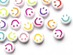 20 perles en plastique rondes symbole sourire - blanc et multicolore - 10 mm