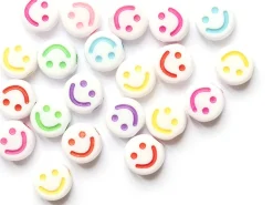 20 perles en plastique rondes symbole sourire - blanc et multicolore - 10 mm