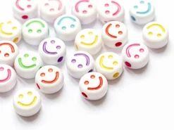20 perles en plastique rondes symbole sourire - blanc et multicolore - 10 mm