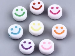 20 perles en plastique rondes symbole sourire - blanc et multicolore - 10 mm