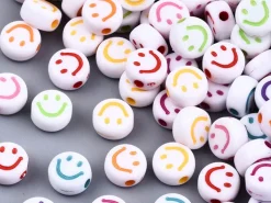 20 perles en plastique rondes symbole sourire - blanc et multicolore - 10 mm