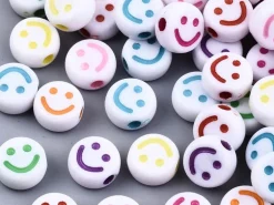 20 perles en plastique rondes symbole sourire - blanc et multicolore - 10 mm
