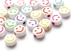 20 perles en plastique rondes symbole sourire - blanc et multicolore - 10 mm