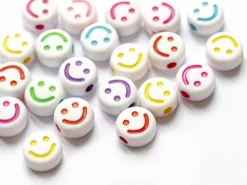 20 perles en plastique rondes symbole sourire - blanc et multicolore - 10 mm