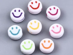 20 perles en plastique rondes symbole sourire - blanc et multicolore - 7 mm