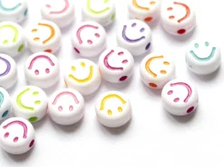 20 perles en plastique rondes symbole sourire - blanc et multicolore - 7 mm