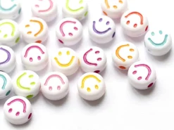 20 perles en plastique rondes symbole sourire - blanc et multicolore - 7 mm