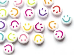 20 perles en plastique rondes symbole sourire - blanc et multicolore - 7 mm