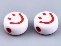 20 perles en plastique rondes symbole sourire - blanc et multicolore - 7 mm