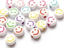 20 perles en plastique rondes symbole sourire - blanc et multicolore - 7 mm