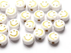 20 perles en plastique rondes symbole sourire - blanc et doré - 7 mm
