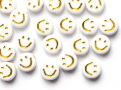 20 perles en plastique rondes symbole sourire - blanc et doré - 7 mm