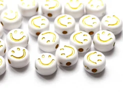 20 perles en plastique rondes symbole sourire - blanc et doré - 7 mm