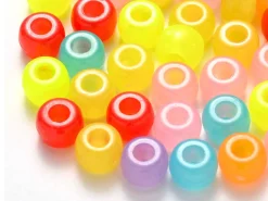 100 perles en plastiques basiques pour enfants - couleurs phosphorescentes et transclucides - 9x6 mm
