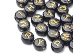200 perles lettres alphabet rondes en plastique - noir et doré