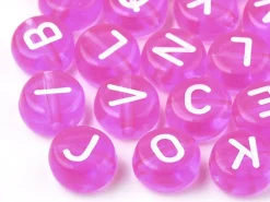 200 perles rondes en plastique transparent - lettres alphabet - rose fuschia - 7 mm