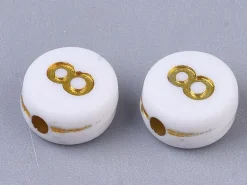 200 perles rondes en plastique - chiffres - blanches et dorées