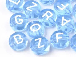 200 perles rondes en plastique - lettres alphabet - bleu claur transparent - 7 mm