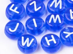 200 perles rondes en plastique - lettres alphabet - bleu roi transparent - 7 mm