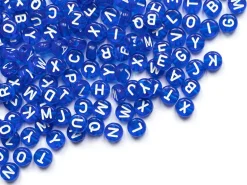 200 perles rondes en plastique - lettres alphabet - bleu roi transparent - 7 mm