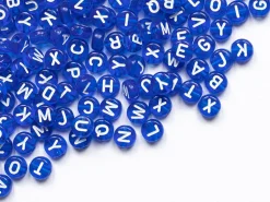 200 perles rondes en plastique - lettres alphabet - bleu roi transparent - 7 mm