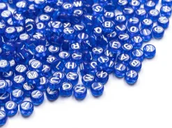 200 perles rondes en plastique - lettres alphabet - bleu roi transparent - 7 mm