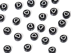 20 perles rondes en plastique - cœurs - noir et blanc