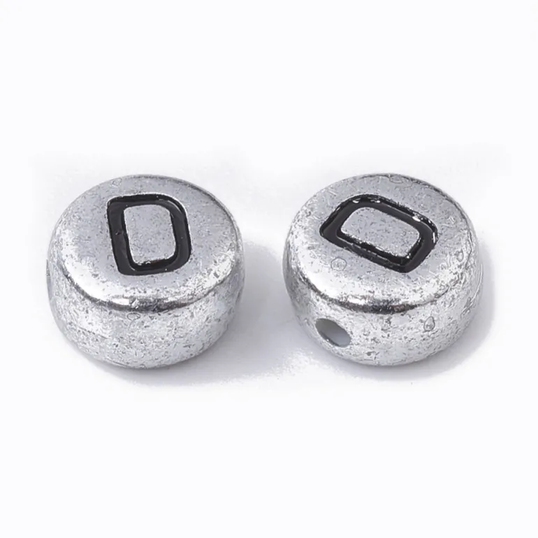 200 perles rondes en plastique - lettres alphabet - argenté et noir
