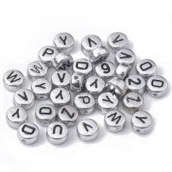200 perles rondes en plastique - lettres alphabet - argenté et noir