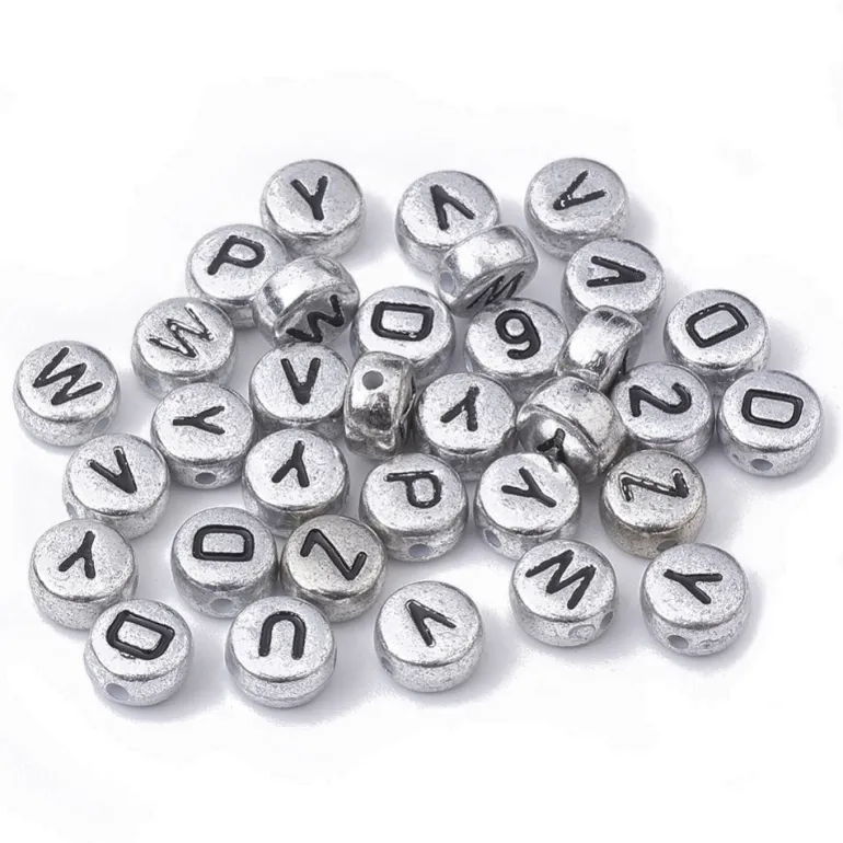 200 perles rondes en plastique - lettres alphabet - argenté et noir