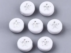 20 perles rondes en plastique - étoiles - argenté et blanc