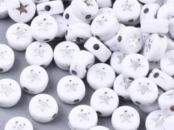20 perles rondes en plastique - étoiles - argenté et blanc