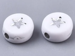 20 perles rondes en plastique - étoiles - argenté et blanc