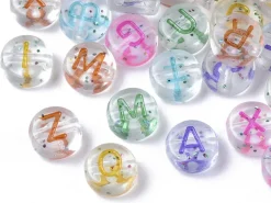 200 perles rondes en plastique transparent à paillettes - lettres alphabet - multicolore