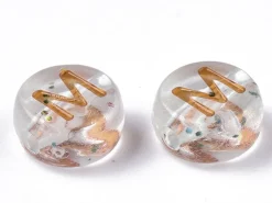 200 perles rondes en plastique transparent à paillettes - lettres alphabet - multicolore