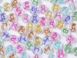 200 perles rondes en plastique transparent à paillettes - lettres alphabet - multicolore