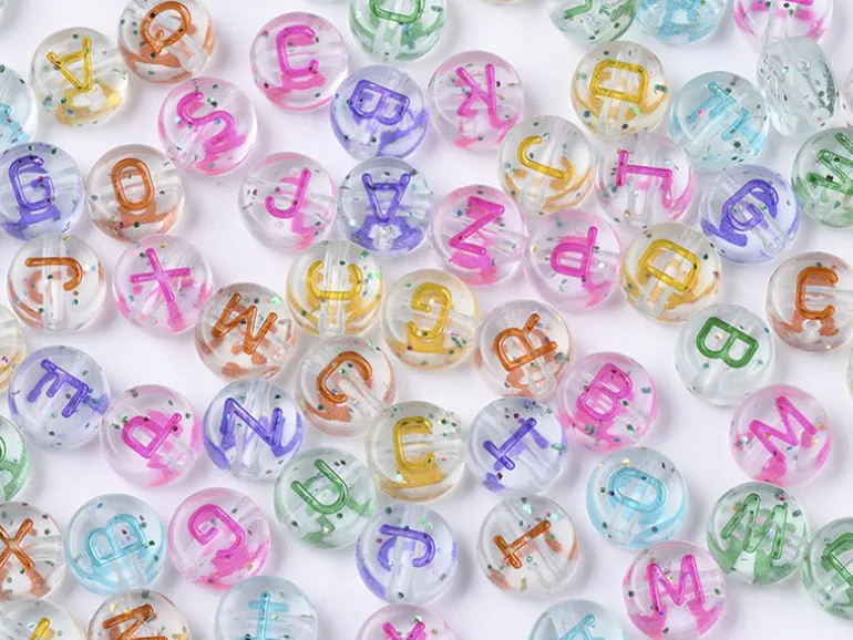 200 perles rondes en plastique transparent à paillettes - lettres alphabet - multicolore
