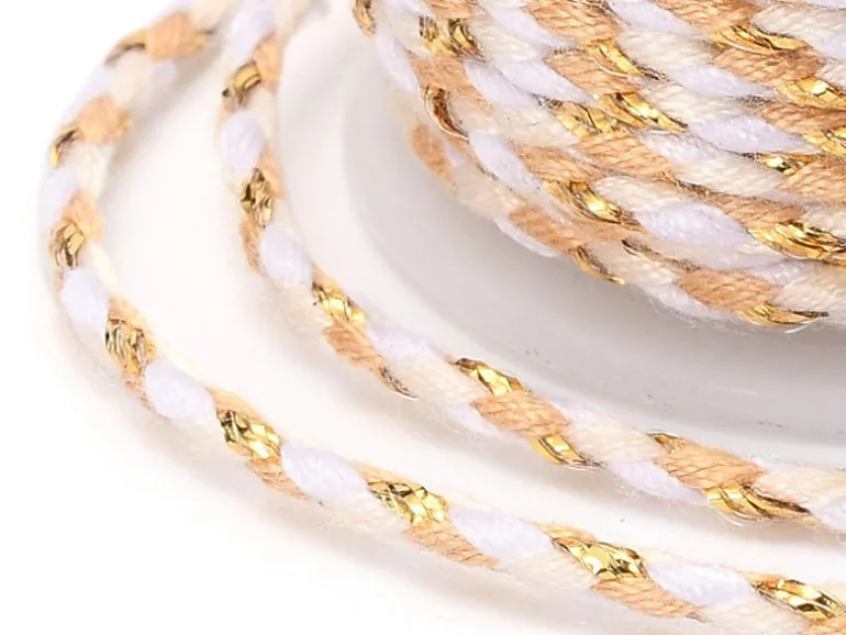 Bobine de 4 m de cordon en coton tressé - Blanc, beige, rose et doré