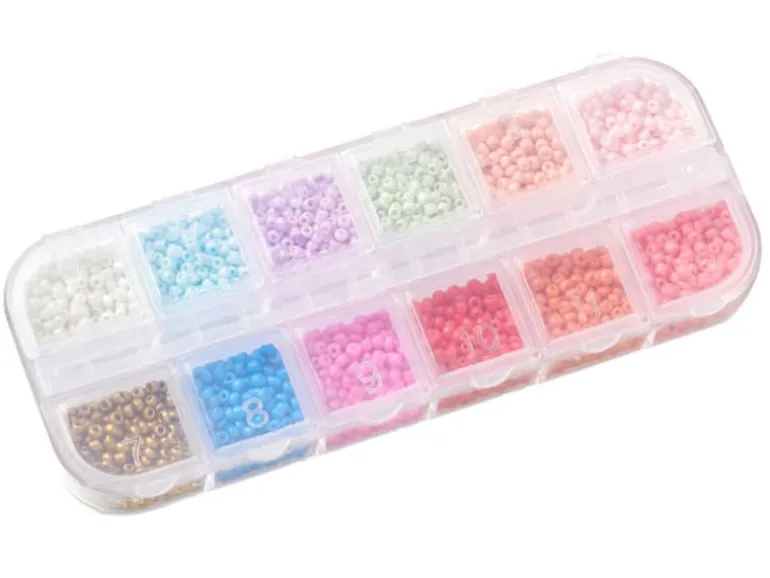 Boite de 12 couleurs estivales de perles de rocailles rondes - 2mm - 3000 pcs environ