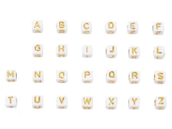 Boite de 934 perles carrées en plastique - lettres alphabet - dorées et blanches