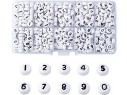 Boite de 720 perles rondes en plastique - chiffres - noir et blanc