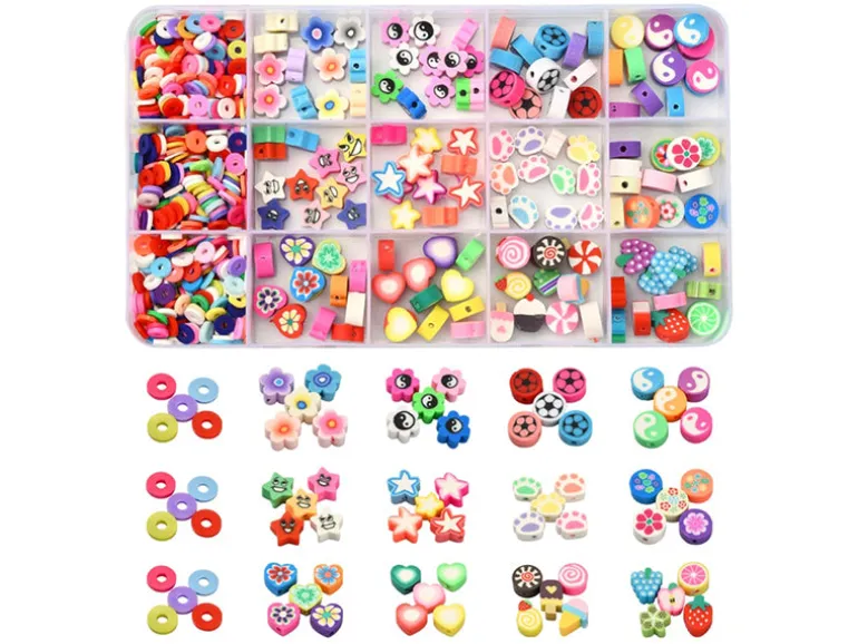 Boite de 15 styles de perles en pâte polymère - Multicolore