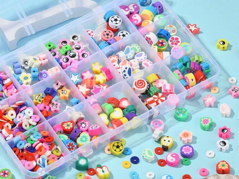Boite de 15 styles de perles en pâte polymère - Multicolore