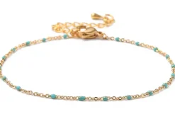 Bracelet chaînette émaillée à petits points turquoise - 18,5 cm - doré à l'or fin 18K