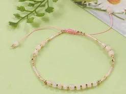 Bracelet fin - perles d' aventurine et quartz rose - taille ajustable