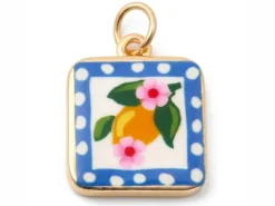 Breloque carrée citron fleuri imprimée - laiton doré