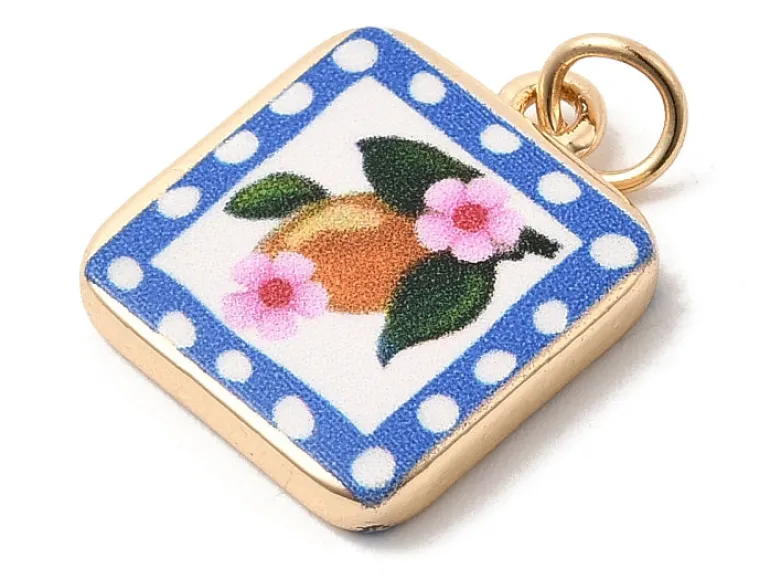 Breloque carrée citron fleuri imprimée - laiton doré