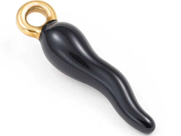 Breloque corne italienne en émail noir sur acier inoxydable 304 plaqué or